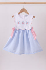 Blue crab embroidery seersucker bow dress