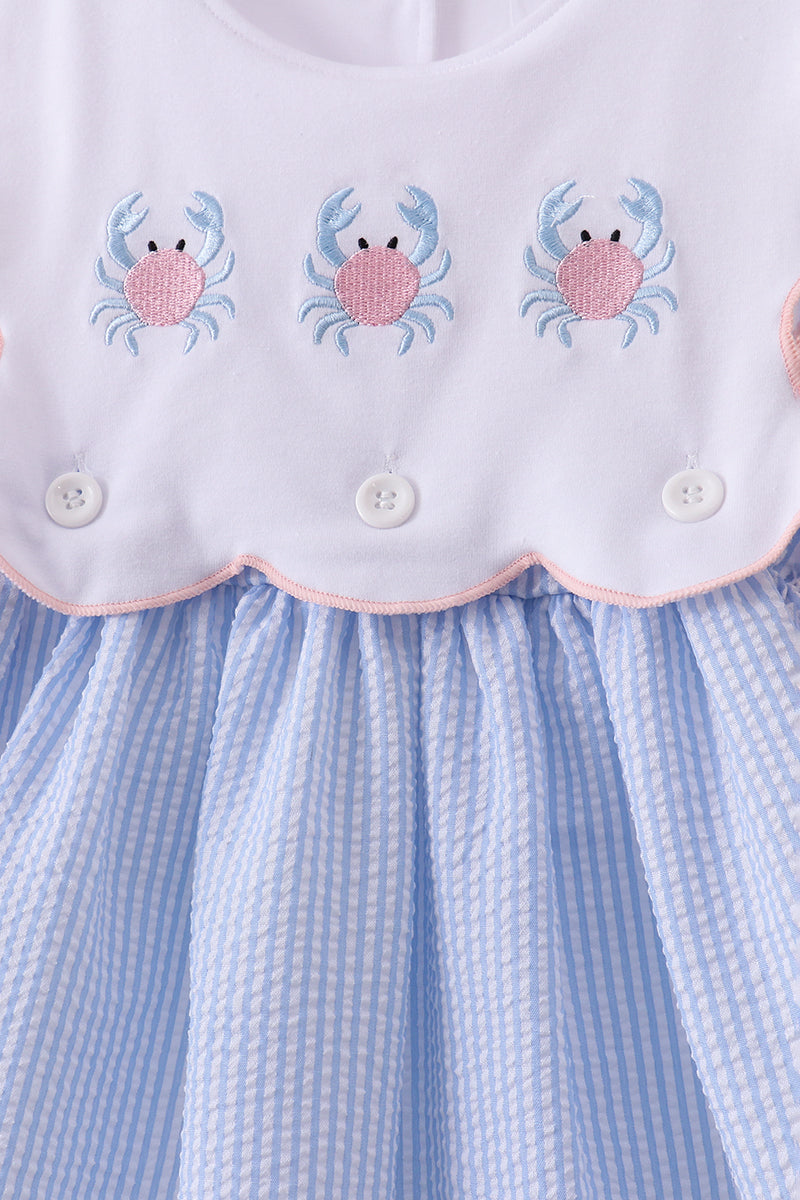 Blue crab embroidery seersucker bow dress