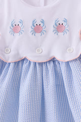Blue crab embroidery seersucker bow dress