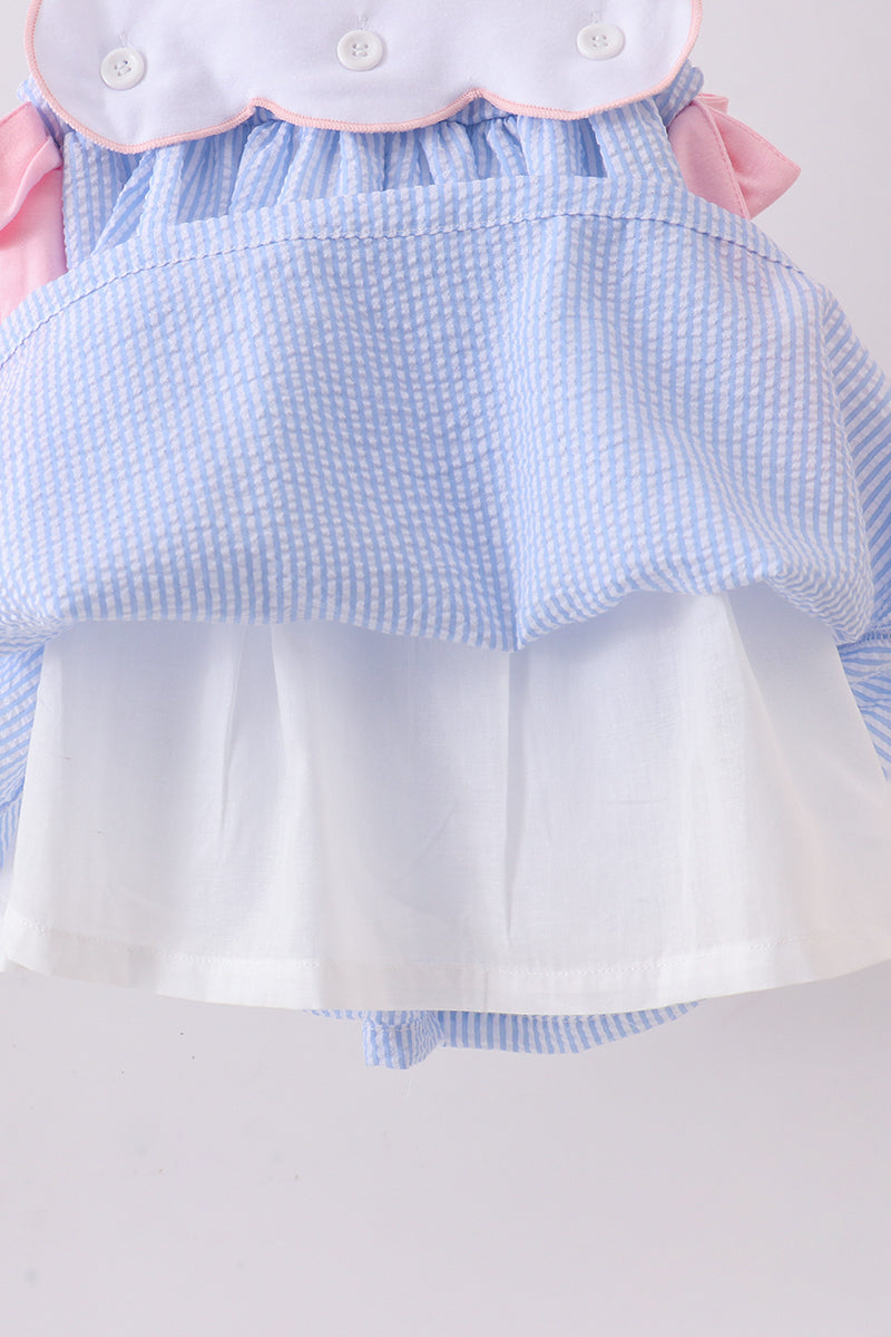 Blue crab embroidery seersucker bow dress