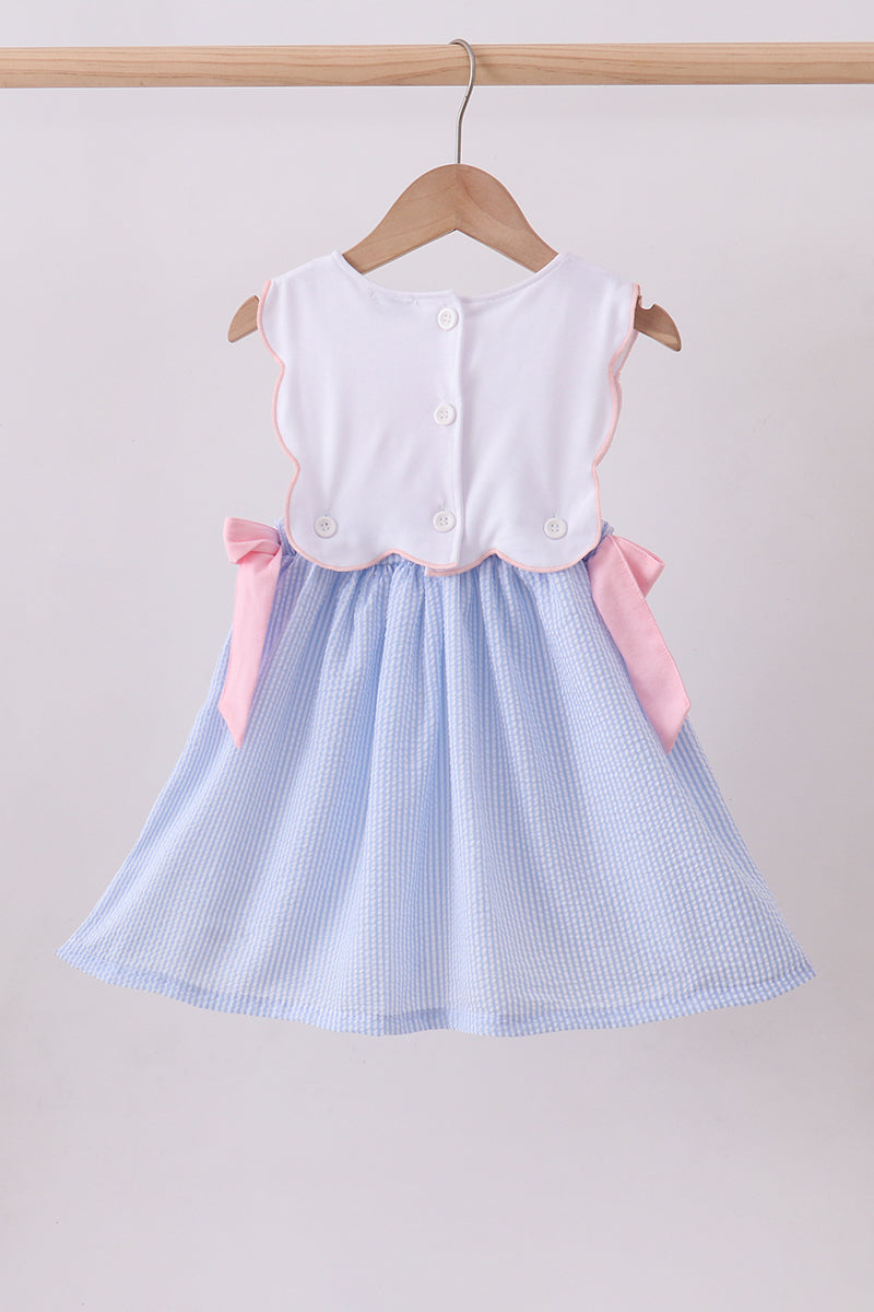 Blue crab embroidery seersucker bow dress