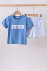 Blue crab embroidery seersucker shorts set