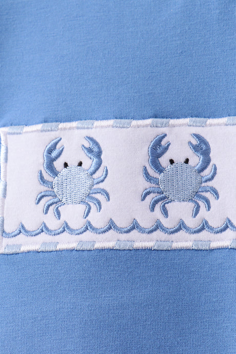 Blue crab embroidery seersucker shorts set
