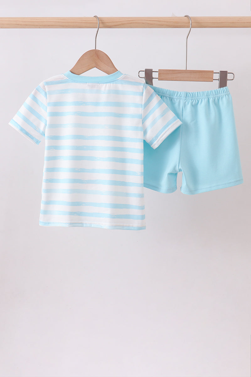 Blue stripe goose applique shorts set
