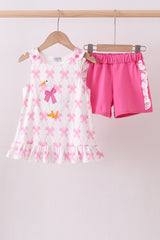 Pink bow goose applique ruffle shorts set