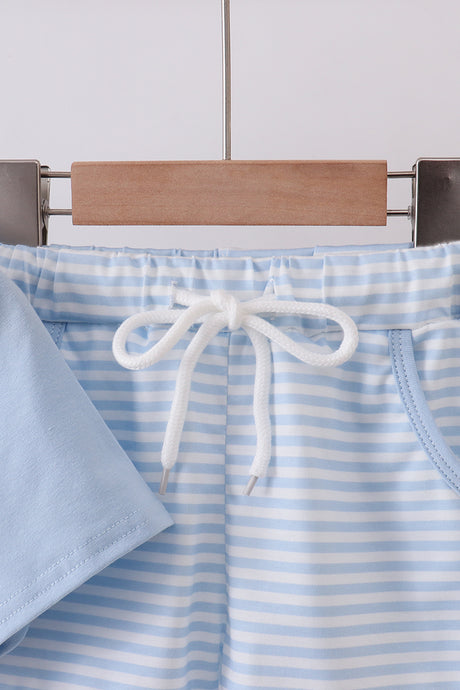 Blue excavator embroidery shorts set