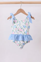 Blue floral smocked gingham one-piece swimsuit