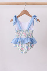 Blue floral smocked gingham one-piece swimsuit