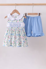Blue floral BLESSED smocked ruffle shorts set