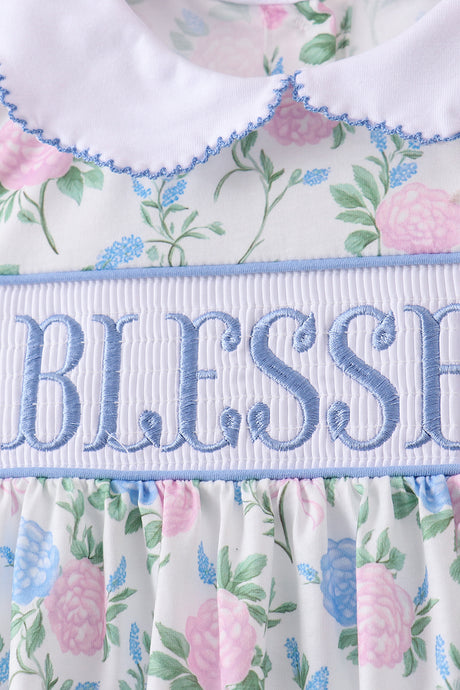 Blue floral BLESSED smocked ruffle shorts set