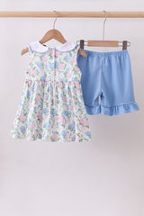 Blue floral BLESSED smocked ruffle shorts set