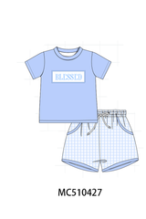 Blue BLESSED smocked gingham shorts set