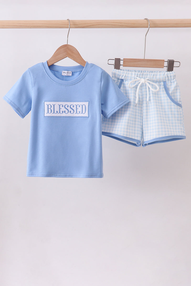 Blue BLESSED smocked gingham shorts set