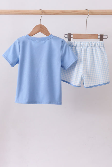 Blue BLESSED smocked gingham shorts set