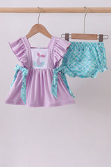 Purple mermaid embroidery ruffle bloomer set