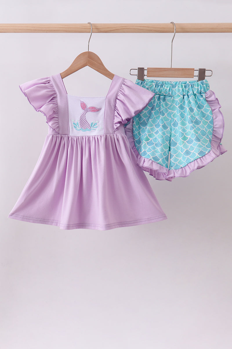 Purple mermaid embroidery ruffle shorts set