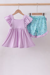 Purple mermaid embroidery ruffle shorts set