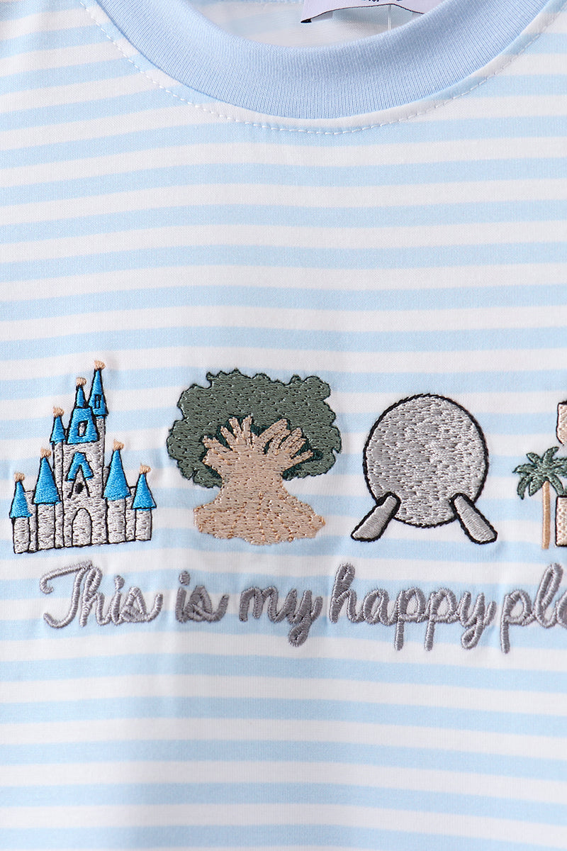 Blue this is my happy place embroidery stripe romper
