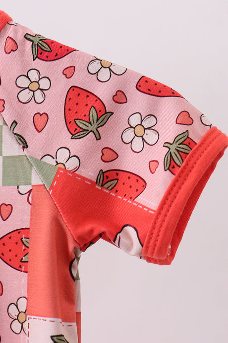 Pink strawberry checkered bamboo romper