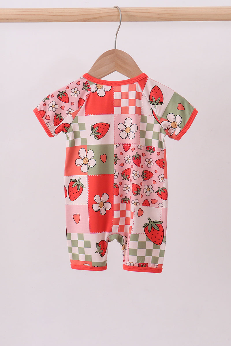 Pink strawberry checkered bamboo romper