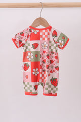 Pink strawberry checkered bamboo romper