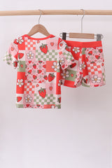 Pink strawberry checkered bamboo pajama set