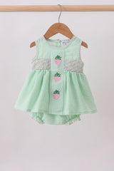 Green strawberry smocked ruffle bubble