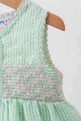 Green strawberry smocked ruffle bubble