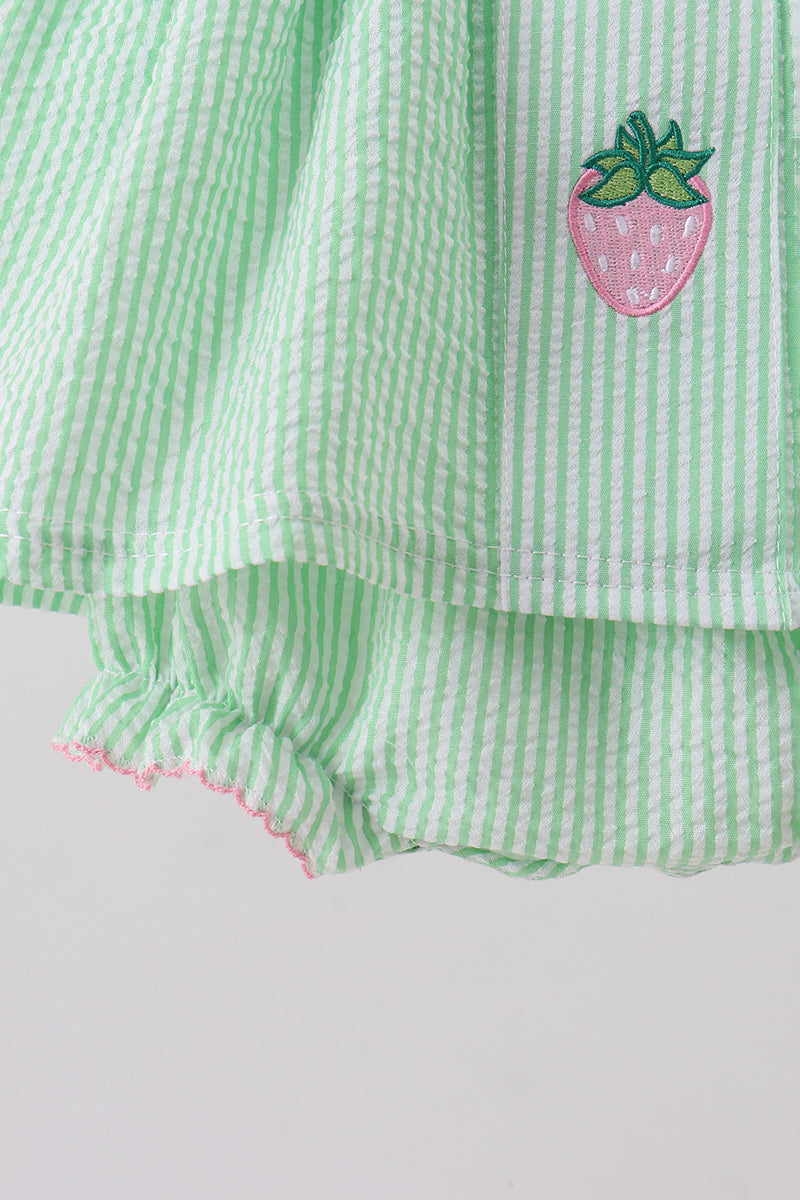 Green strawberry smocked ruffle bubble