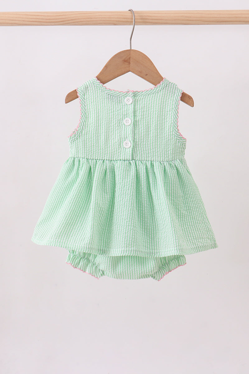 Green strawberry smocked ruffle bubble