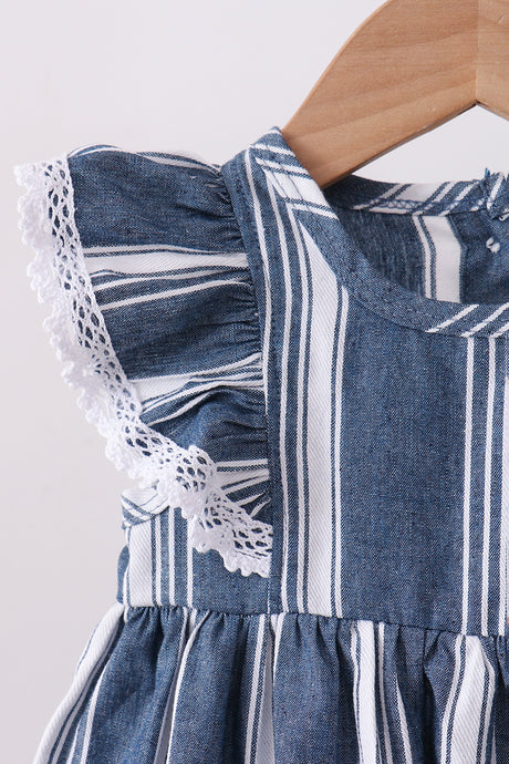 Navy stripe linen ruffle bloomers set