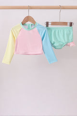 Colorblock long sleeve 2pc ruffle swimsuit