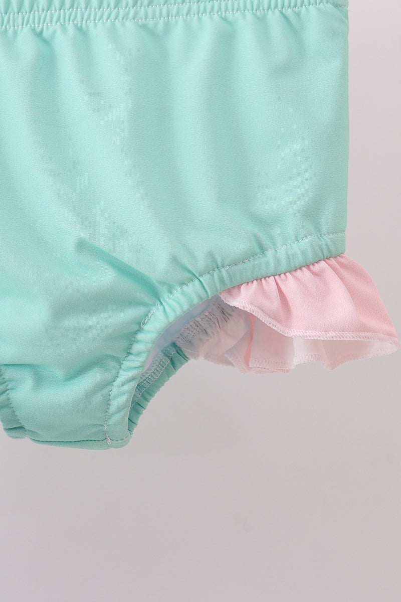 Colorblock long sleeve 2pc ruffle swimsuit