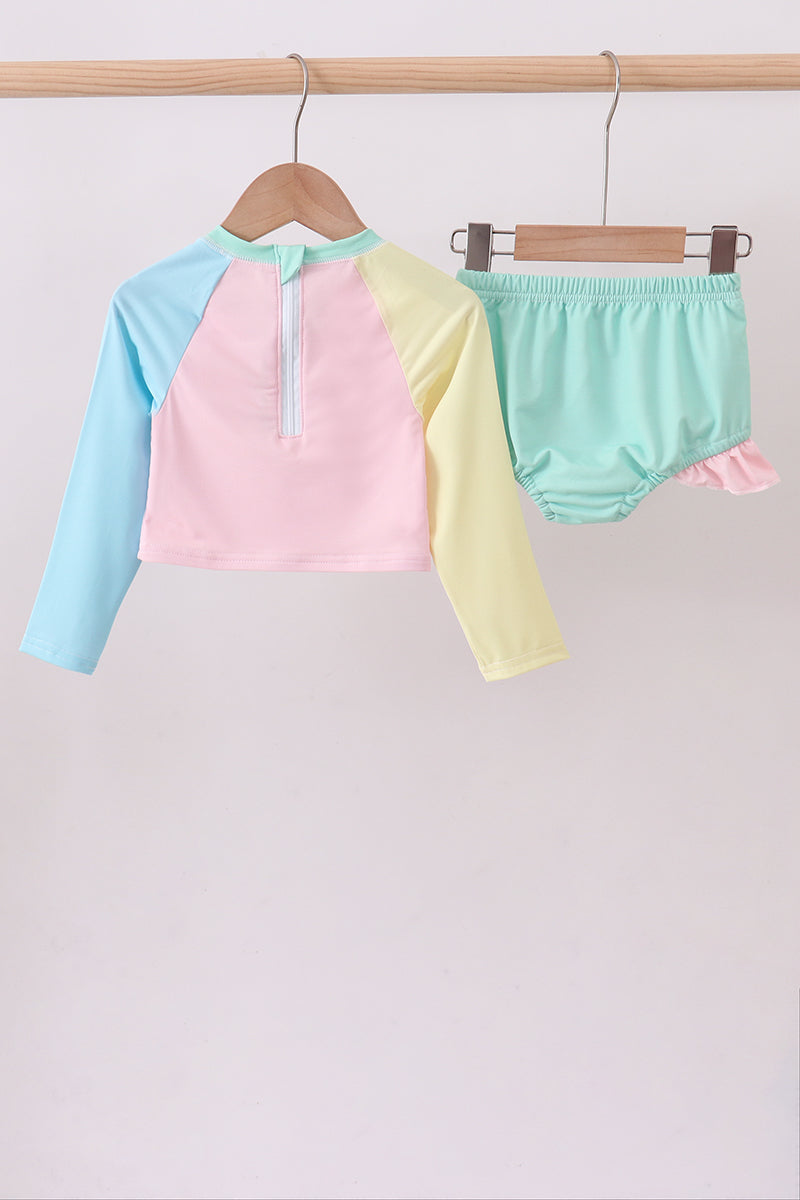 Colorblock long sleeve 2pc ruffle swimsuit