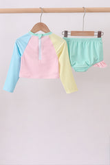 Colorblock long sleeve 2pc ruffle swimsuit