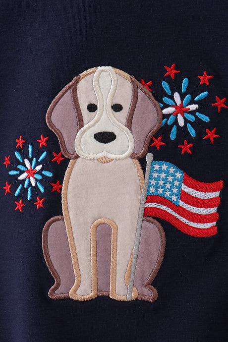 Navy puppy fireworks applique bubble