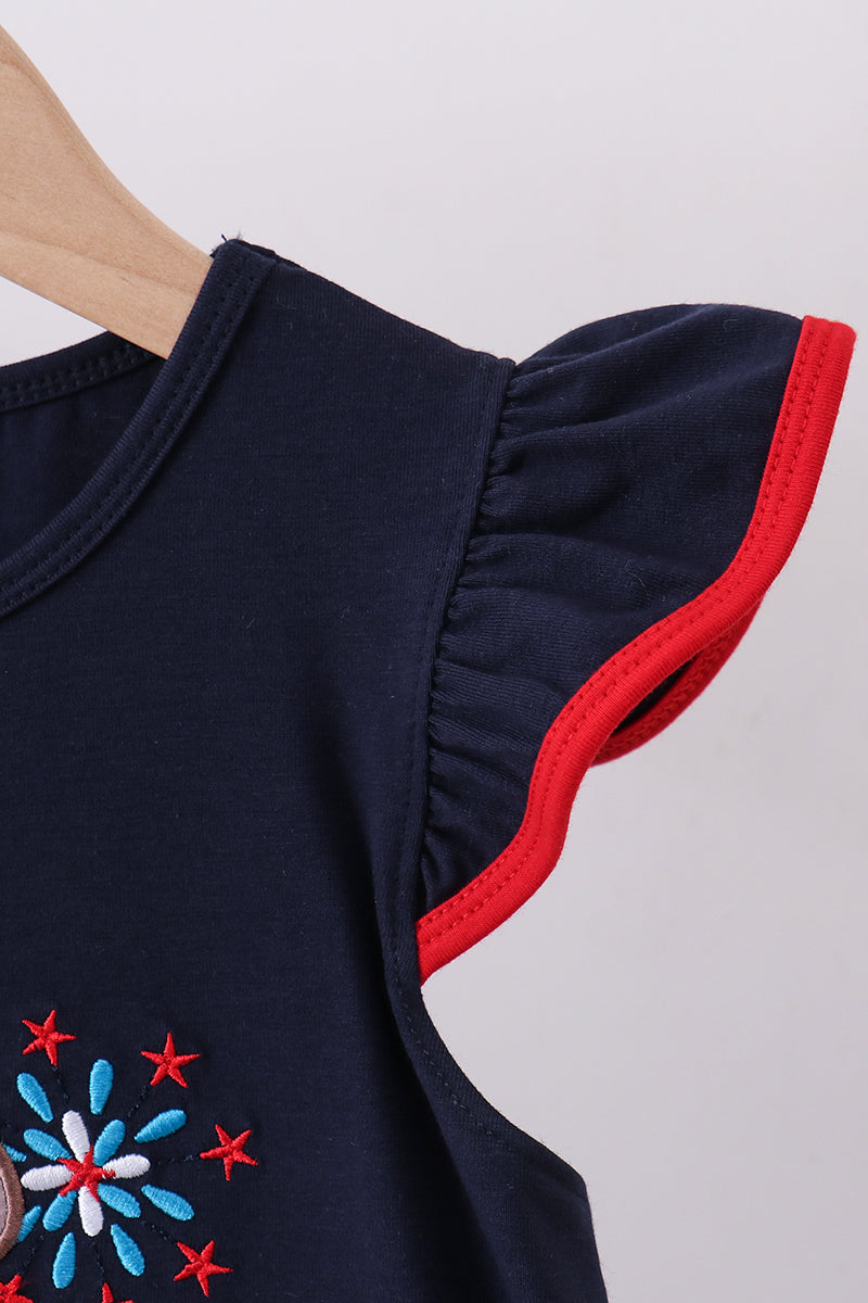 Navy puppy fireworks applique ruffle dress