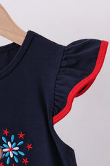 Navy puppy fireworks applique ruffle dress