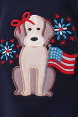 Navy puppy fireworks applique ruffle dress