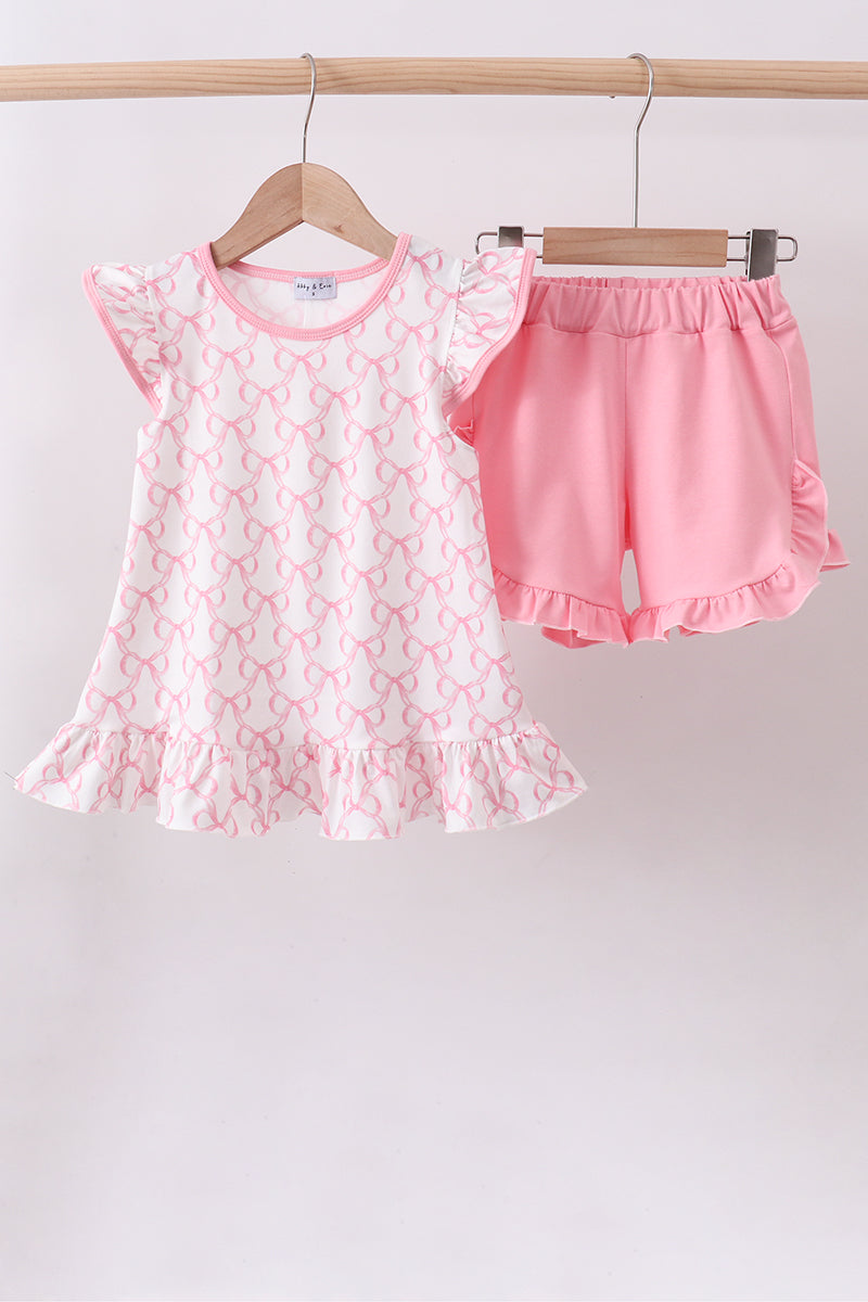 Pink bow ruffle shorts set