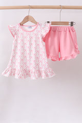 Pink bow ruffle shorts set