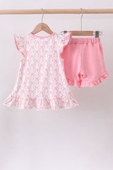 Pink bow ruffle shorts set