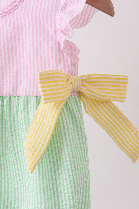 Pink flutter trim seersucker ruffle bubble