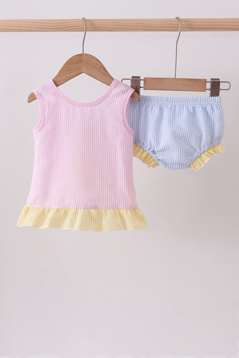 Pink seersucker ruffle bloomer set