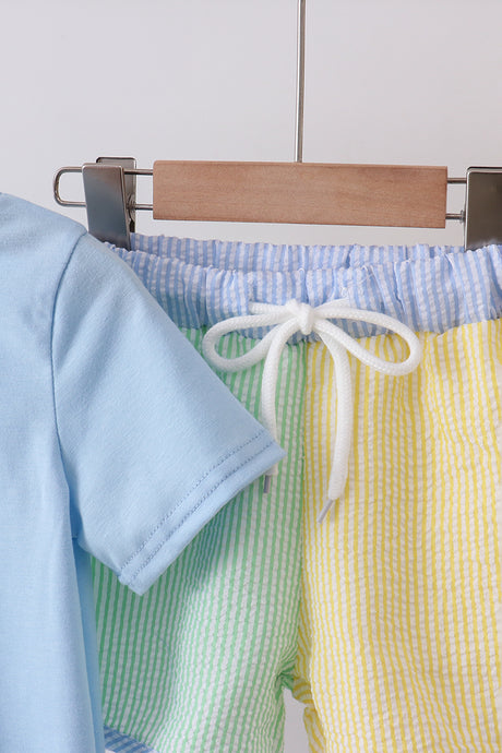 Blue stripe seersucker shorts set