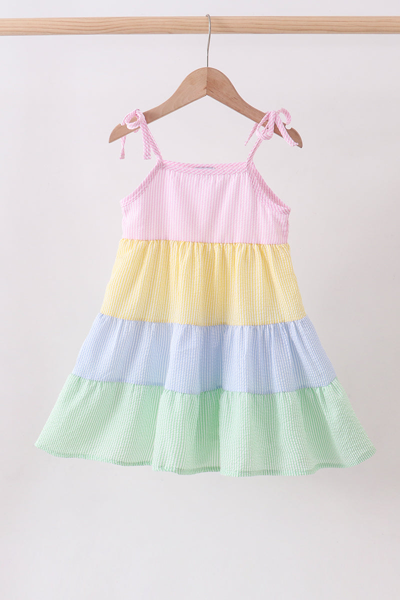 Blue stripe seersucker tiered dress