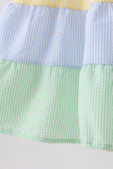 Blue stripe seersucker tiered dress
