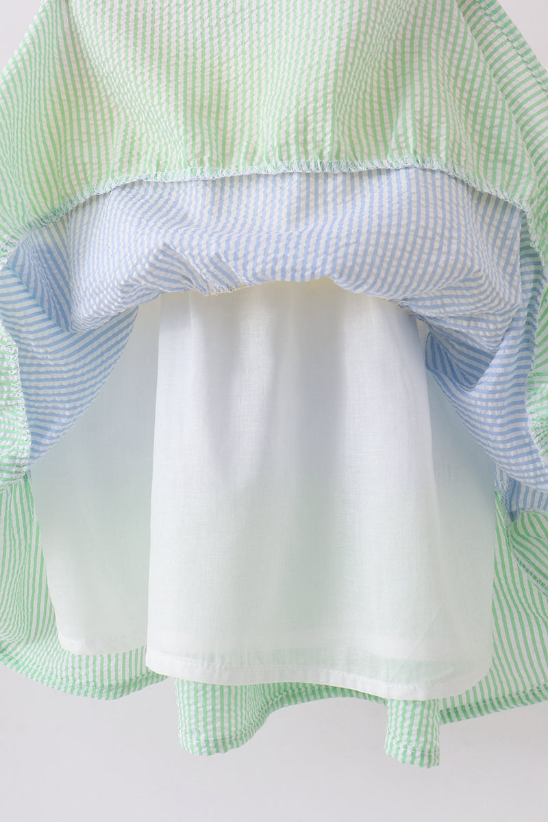 Blue stripe seersucker tiered dress