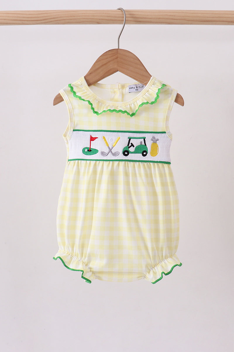 Yellow golf smocked ruffle gingham bubble