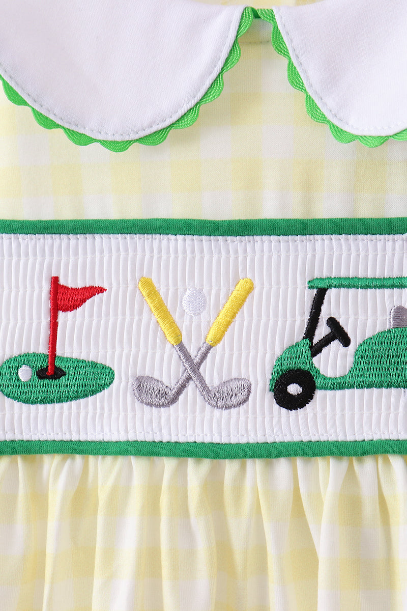 Yellow golf smocked gingham ruffle shorts set